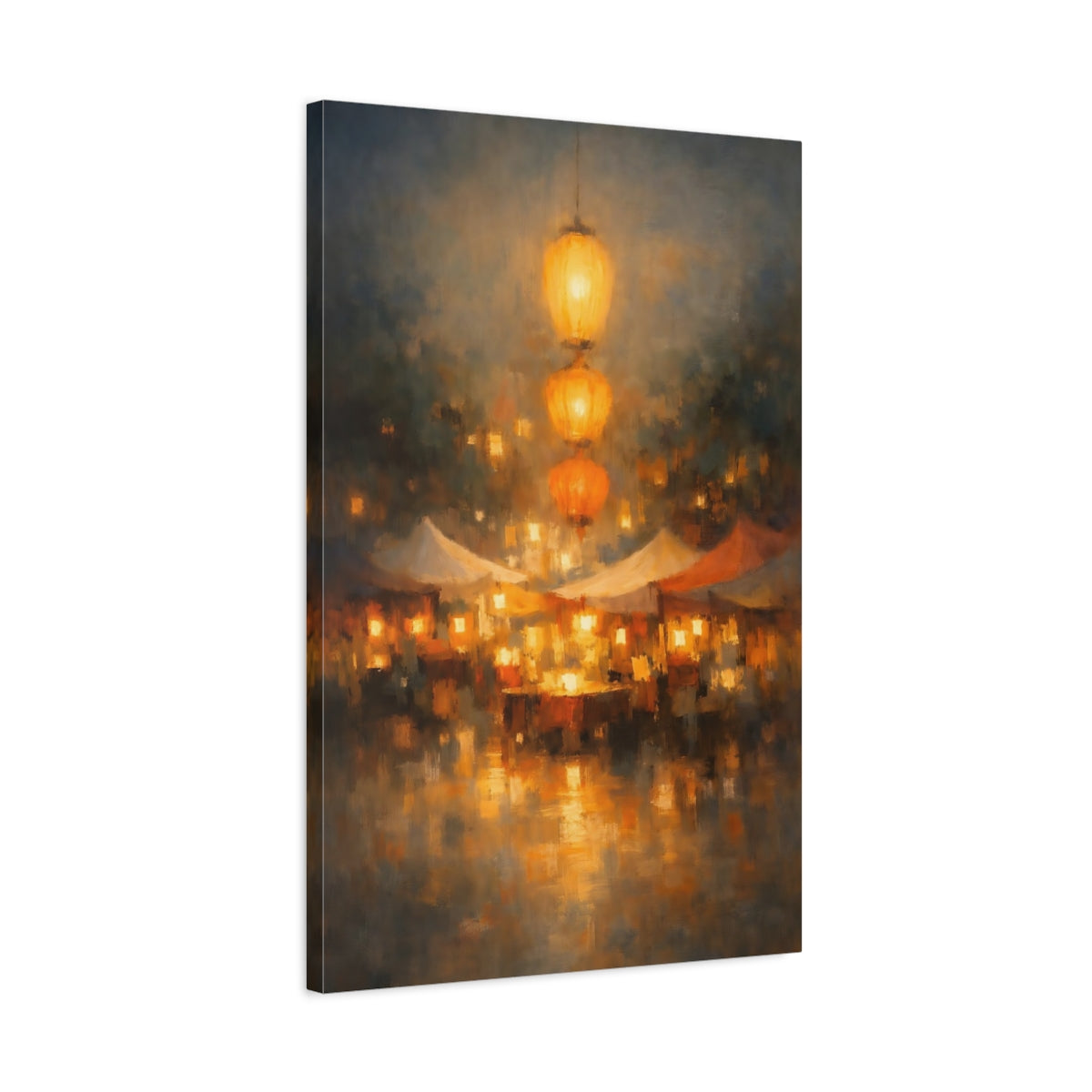 Side Mockup 2. Vintage Market Lanterns Golden Market shown as stretched canvas wall art