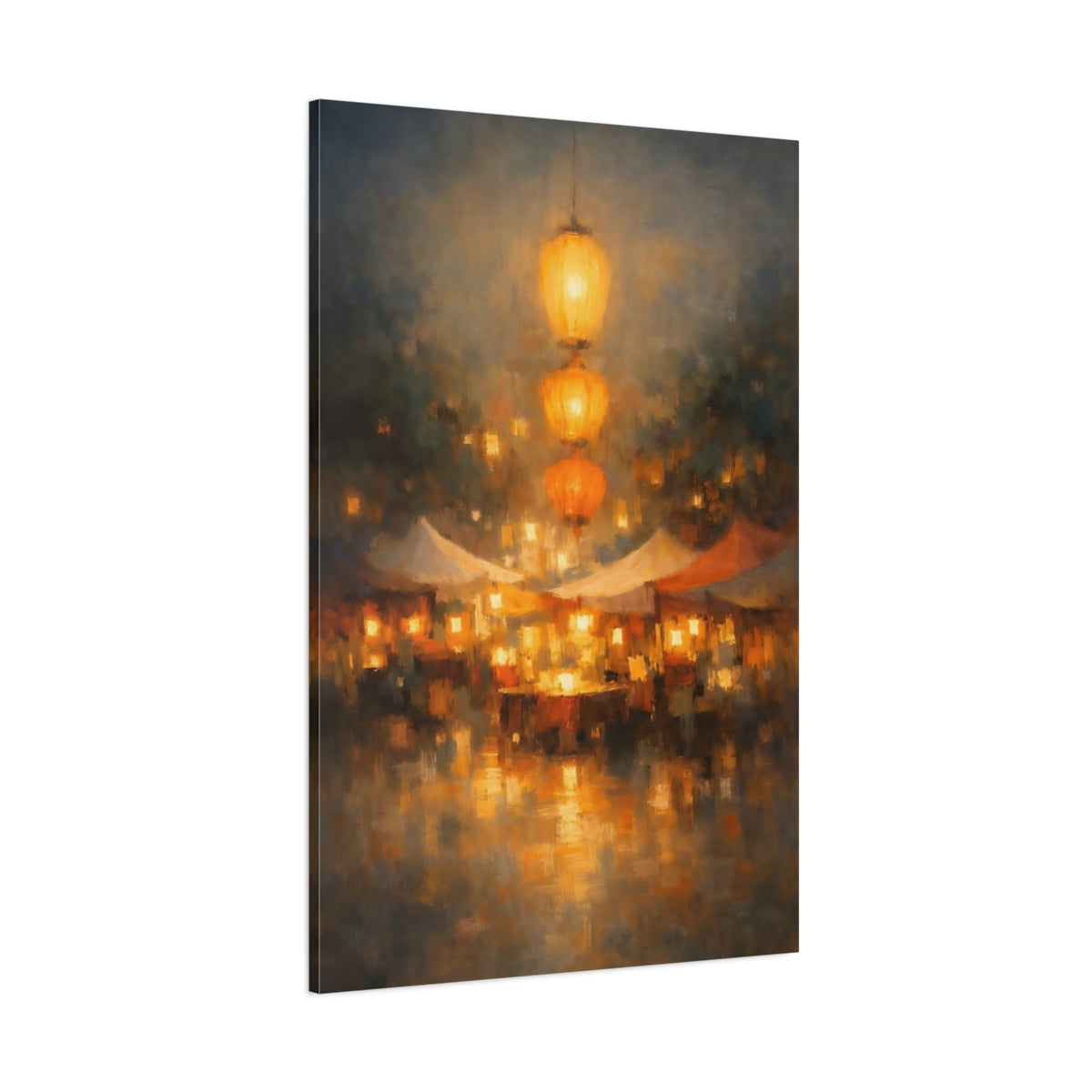 Main Mockup. Vintage Market Lanterns Golden Market shown as stretched canvas wall art