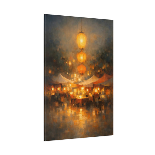 Main Mockup. Vintage Market Lanterns Golden Market shown as stretched canvas wall art