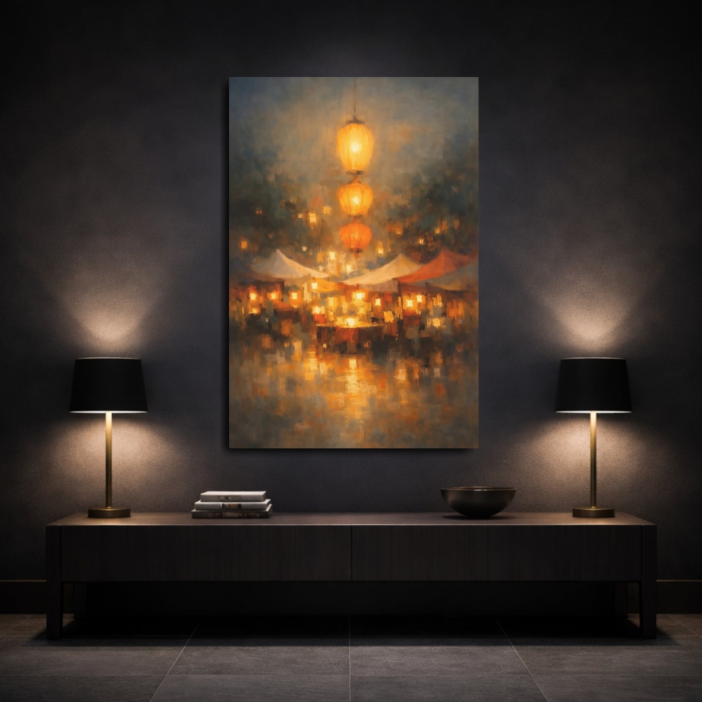 Mockup 2. Vintage Market Lanterns Golden Market shown as stretched canvas wall art