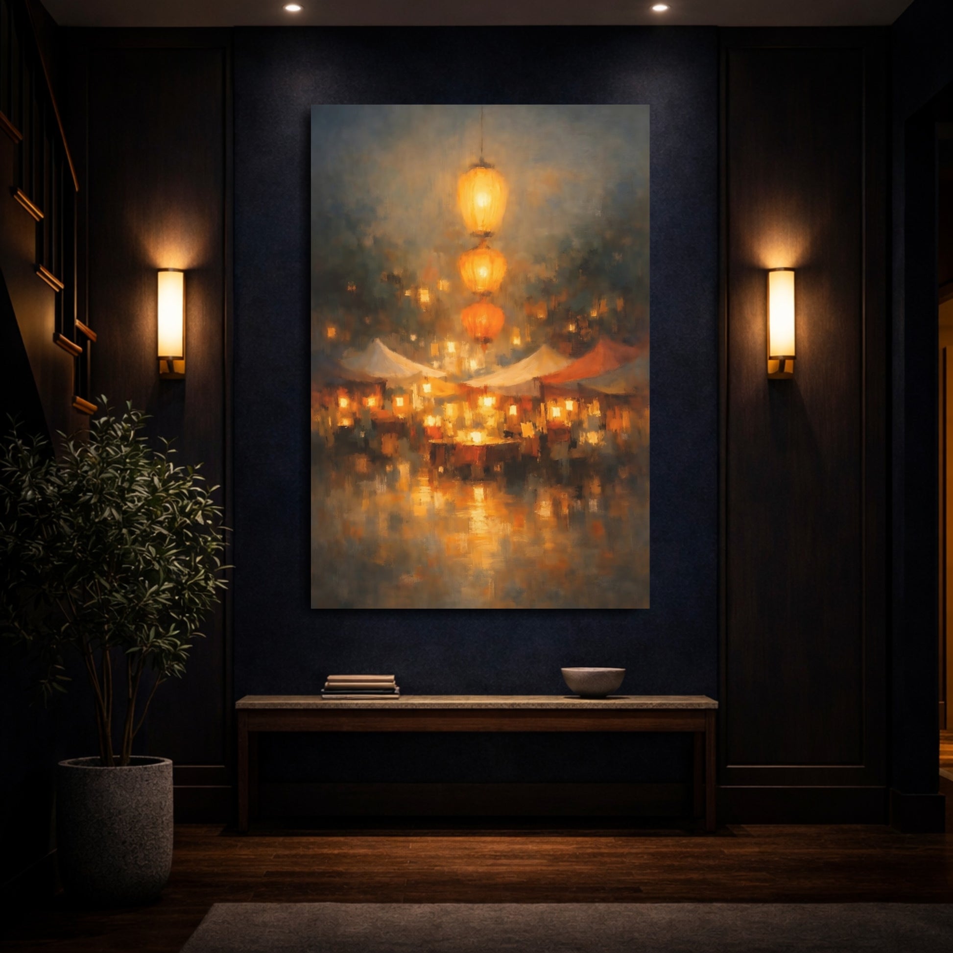 Mockup 3. Vintage Market Lanterns Golden Market shown as stretched canvas wall art