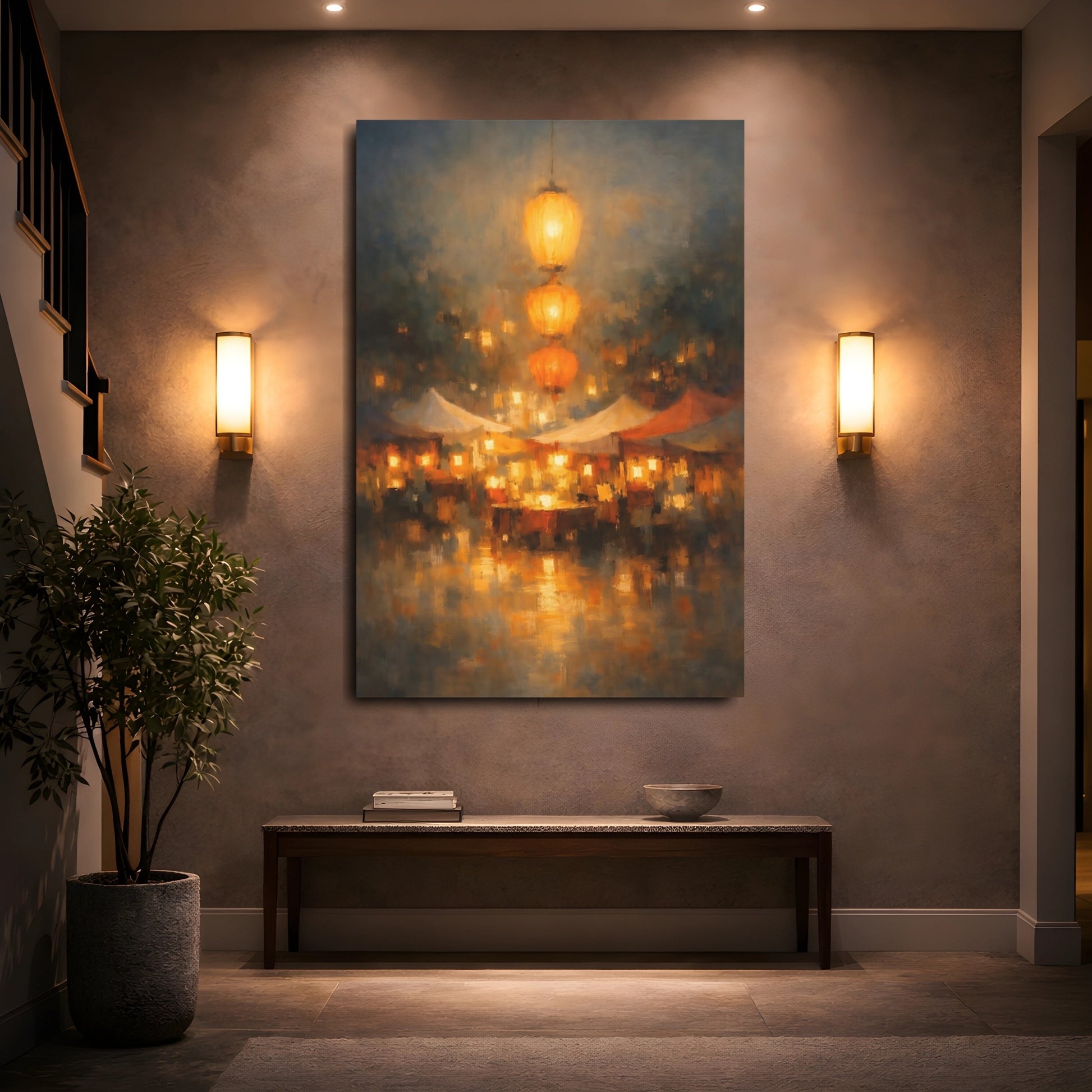 Mockup 4. Vintage Market Lanterns Golden Market shown as stretched canvas wall art