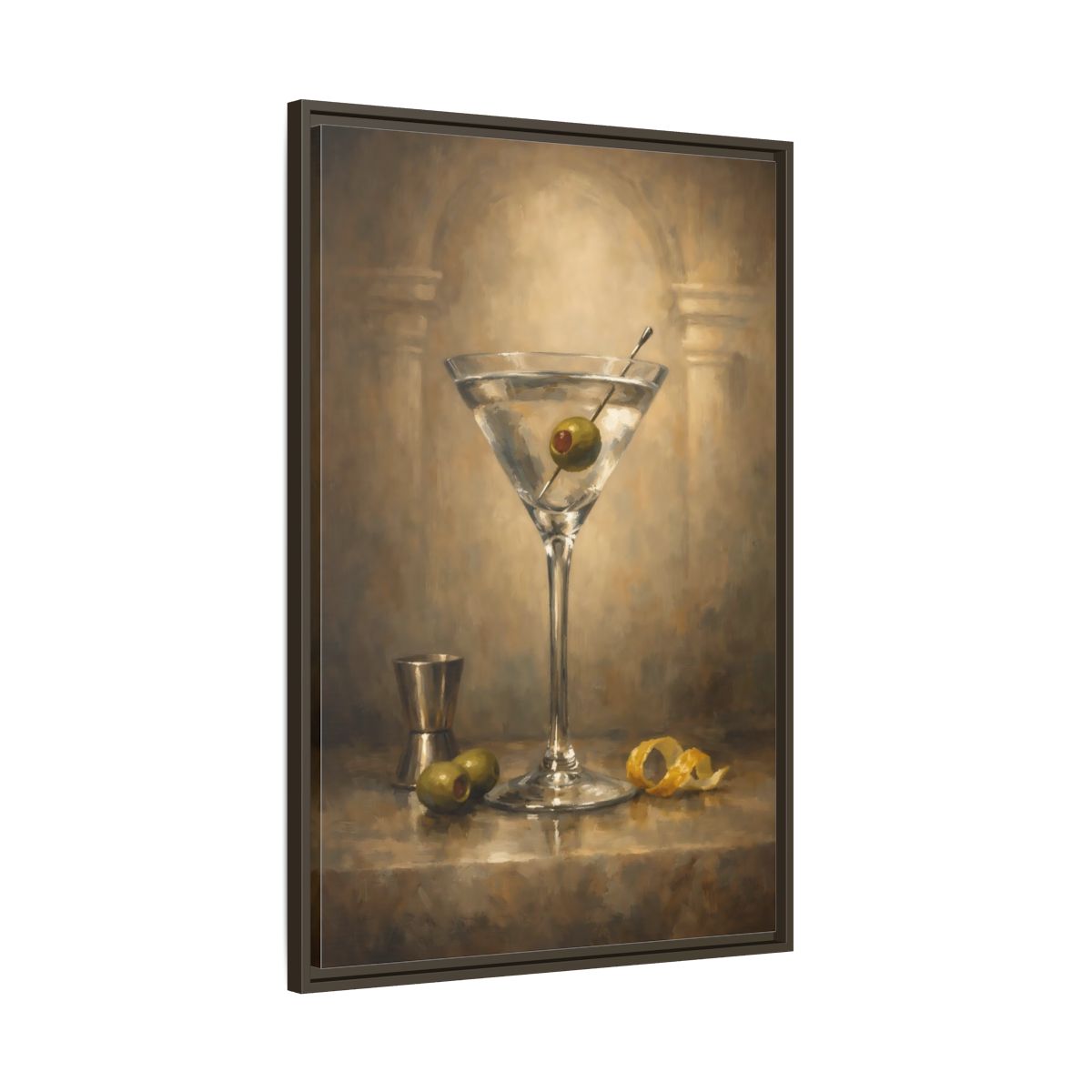 Side Mockup 10. Vintage Martini Cocktail Vintage Martini Art shown as stretched canvas wall art