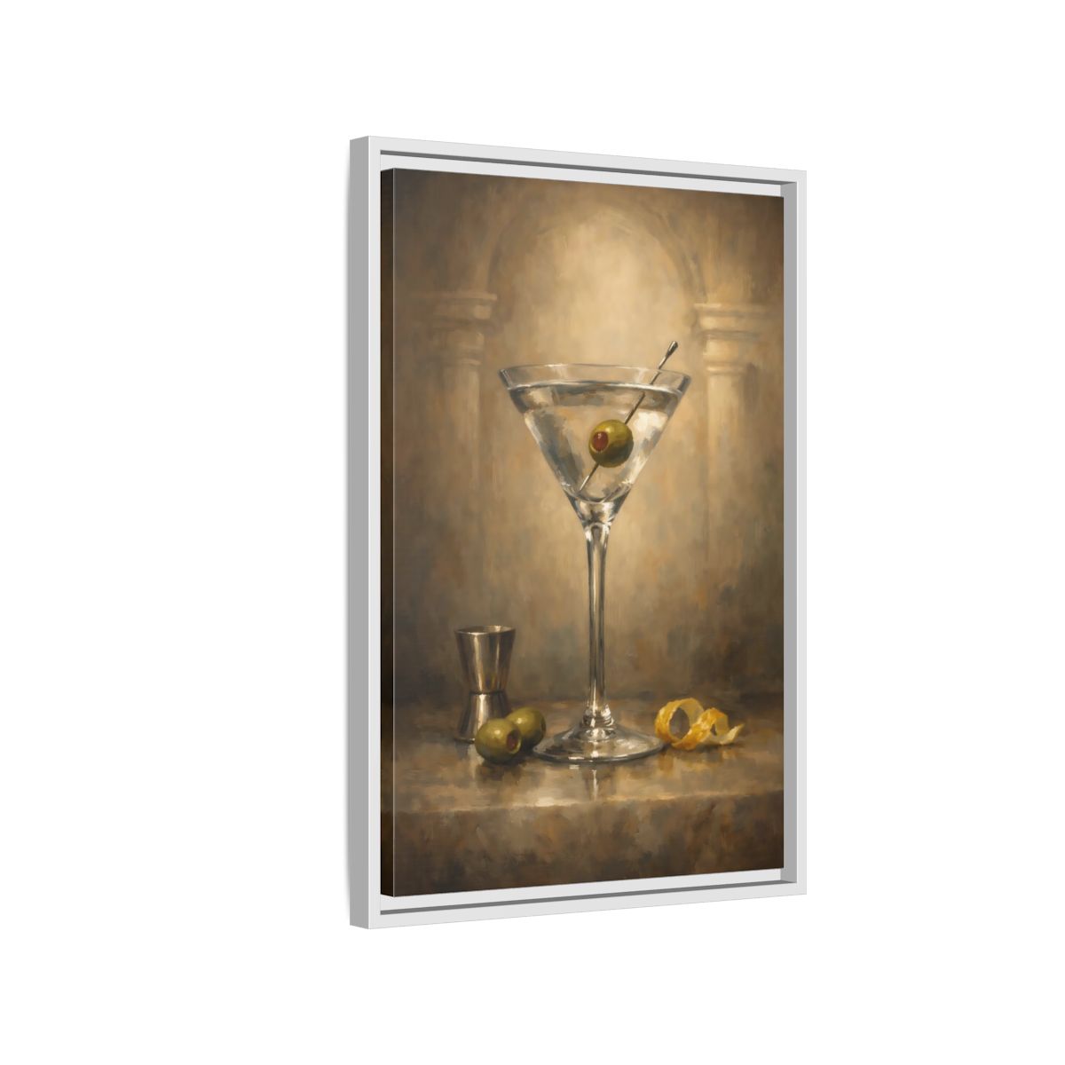Side Mockup 1. Vintage Martini Cocktail Vintage Martini Art shown as stretched canvas wall art