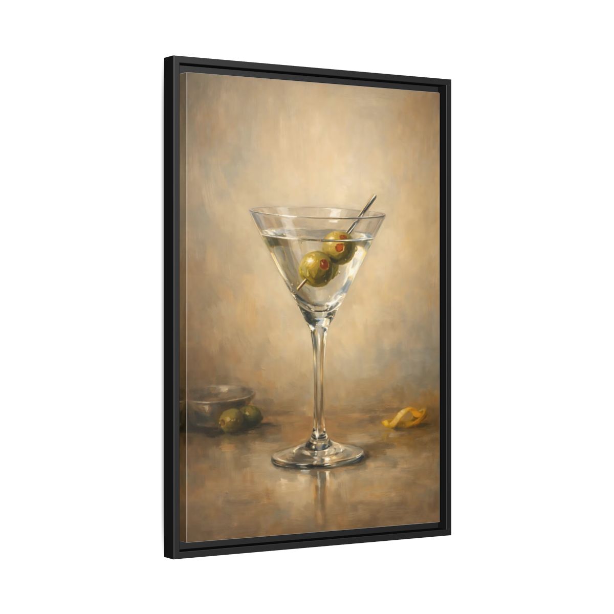 Side Mockup 14. Vintage Martini Cocktail Classic Olive Martini shown as stretched canvas wall art