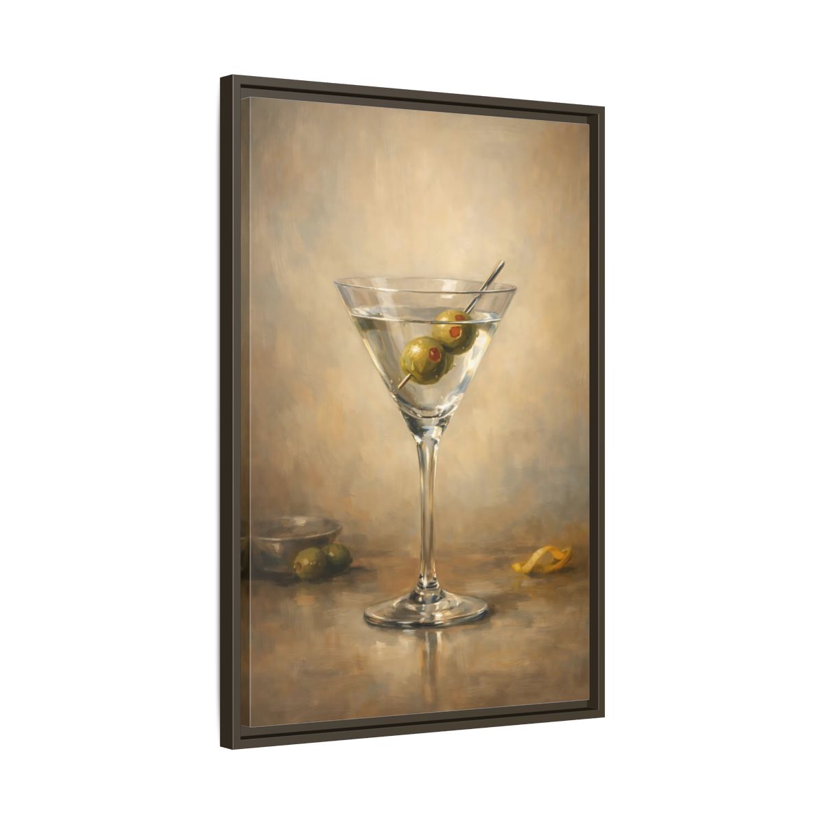 Side Mockup 12. Vintage Martini Cocktail Classic Olive Martini shown as stretched canvas wall art