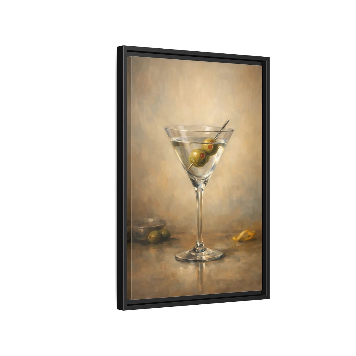 Side Mockup 3. Vintage Martini Cocktail Classic Olive Martini shown as stretched canvas wall art