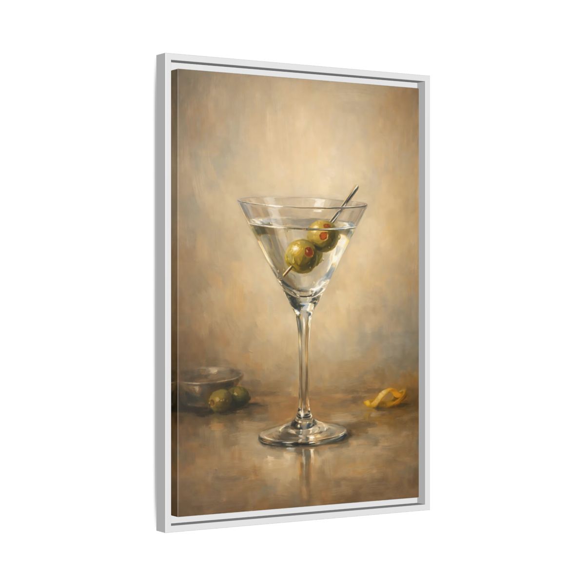 Side Mockup 11. Vintage Martini Cocktail Classic Olive Martini shown as stretched canvas wall art