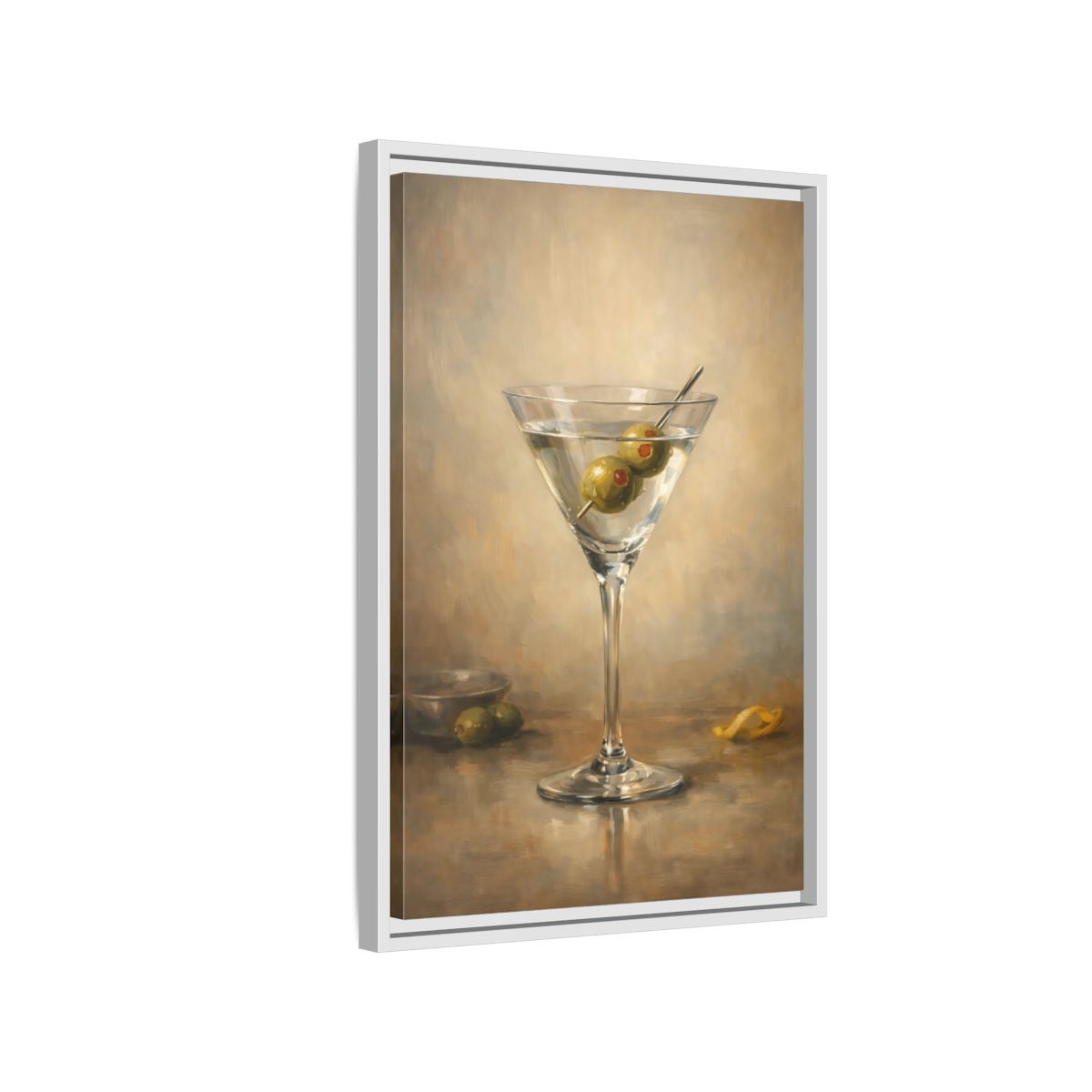 Side Mockup 1. Vintage Martini Cocktail Classic Olive Martini shown as stretched canvas wall art