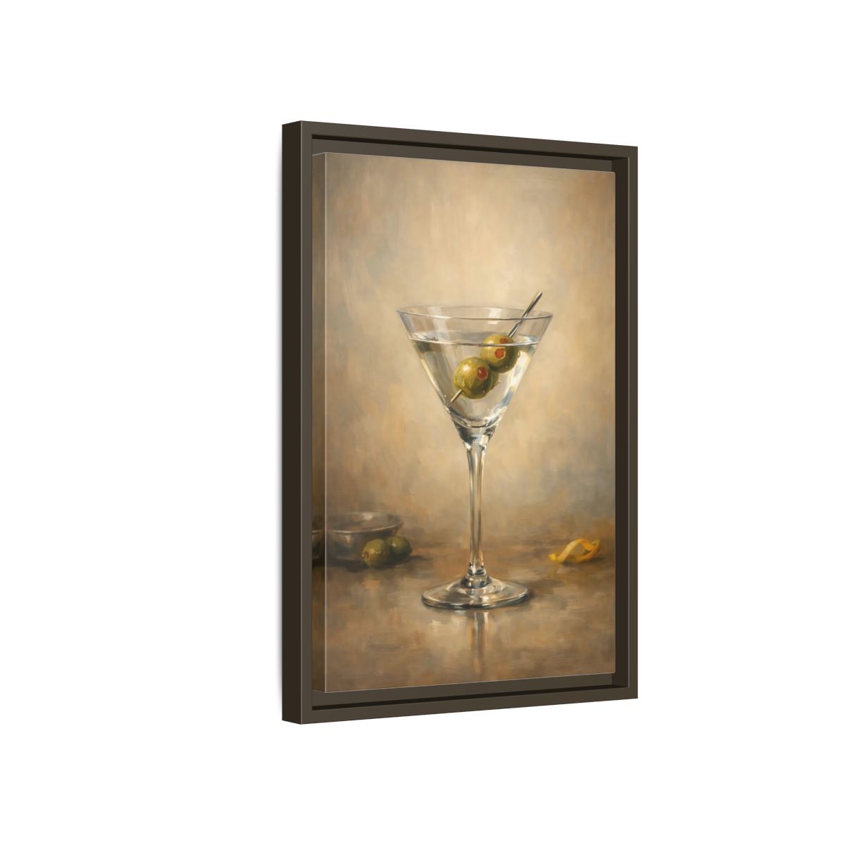 Side Mockup 5. Vintage Martini Cocktail Classic Olive Martini shown as stretched canvas wall art