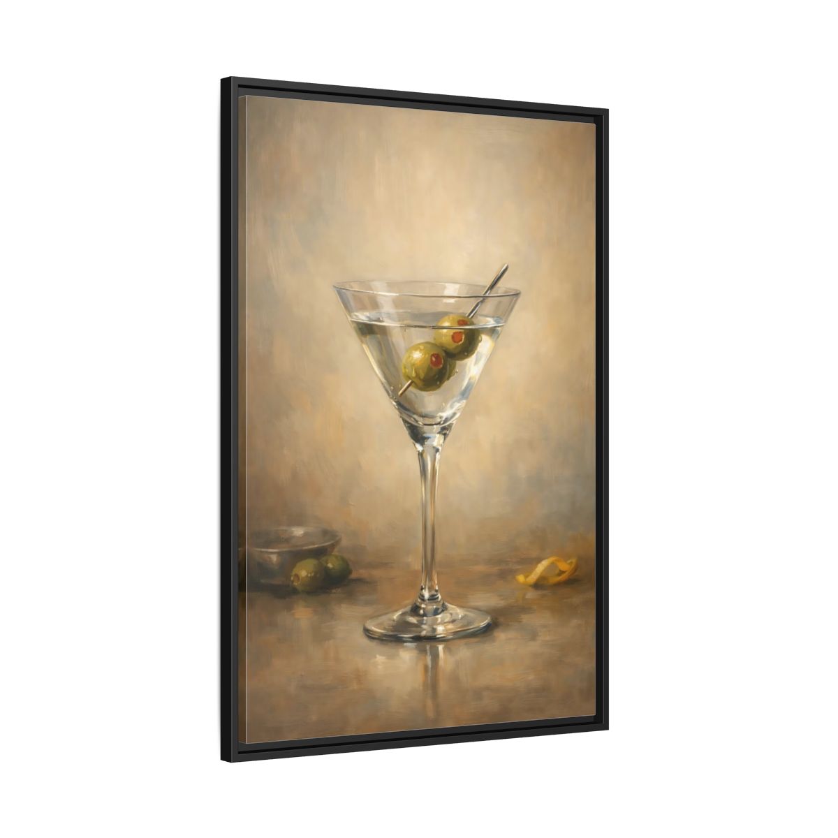 Side Mockup 13. Vintage Martini Cocktail Classic Olive Martini shown as stretched canvas wall art