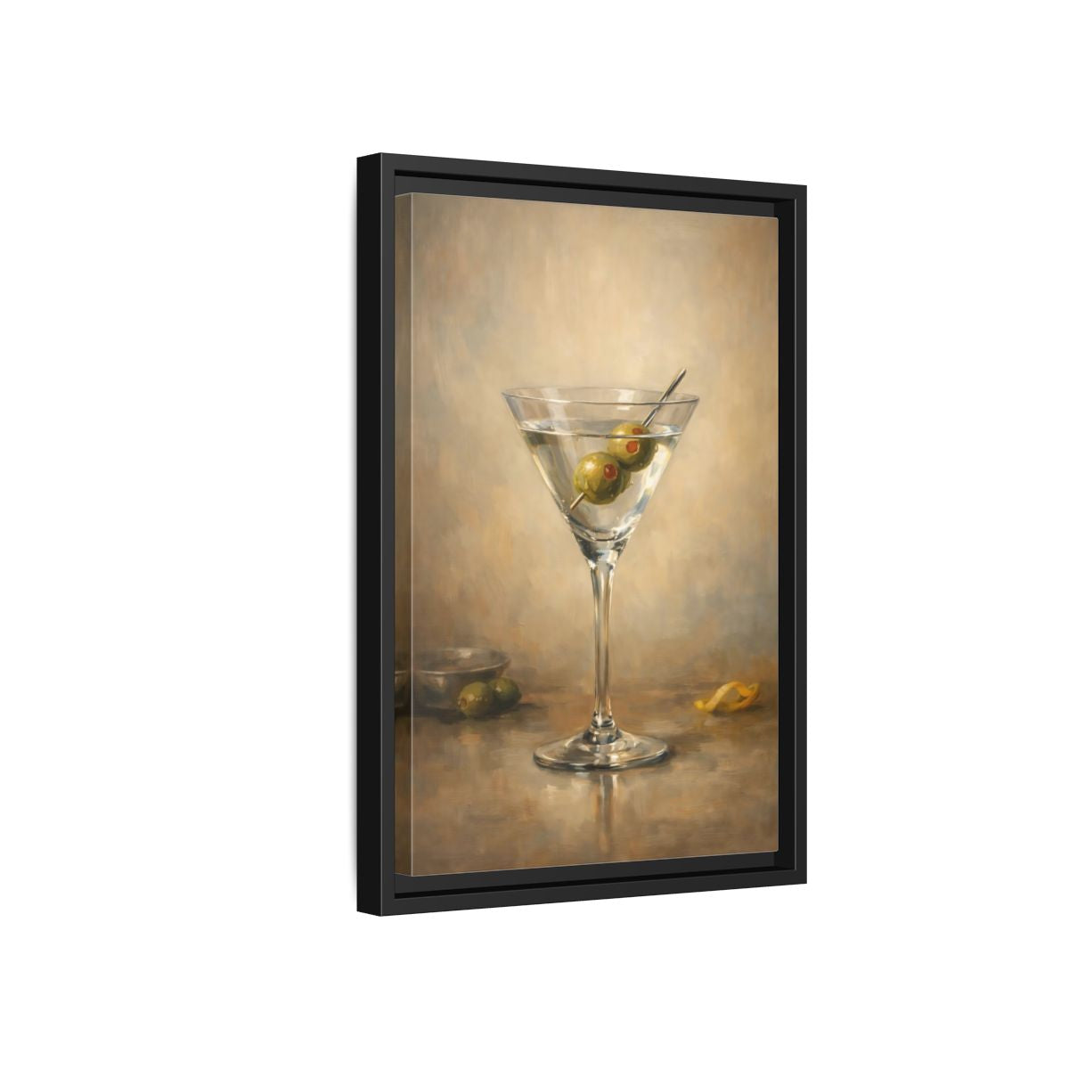 Side Mockup 6. Vintage Martini Cocktail Classic Olive Martini shown as stretched canvas wall art