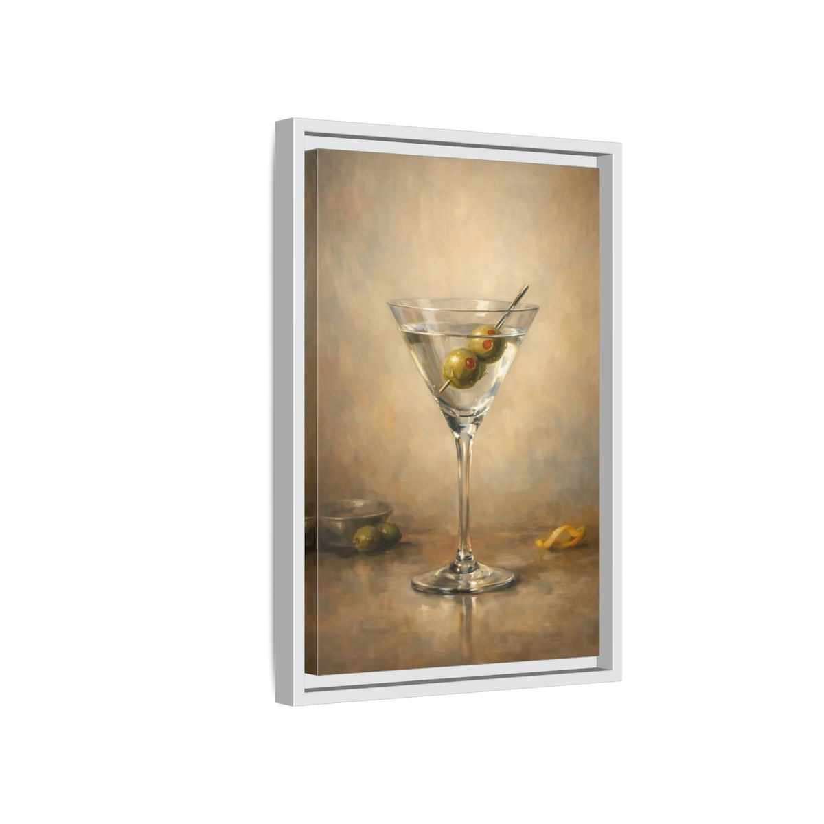 Side Mockup 4. Vintage Martini Cocktail Classic Olive Martini shown as stretched canvas wall art