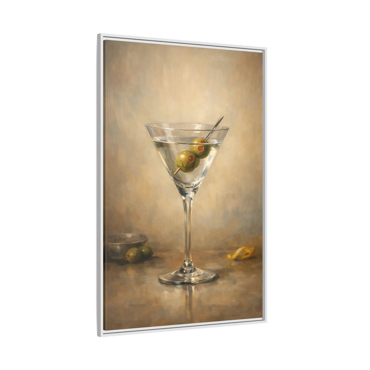 Side Mockup 7. Vintage Martini Cocktail Classic Olive Martini shown as stretched canvas wall art