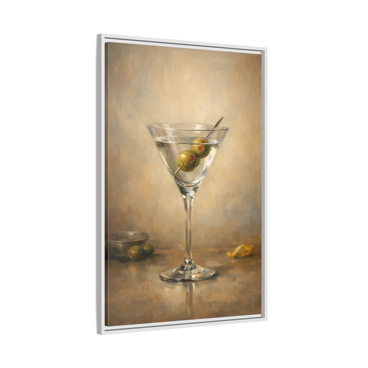 Side Mockup 9. Vintage Martini Cocktail Classic Olive Martini shown as stretched canvas wall art