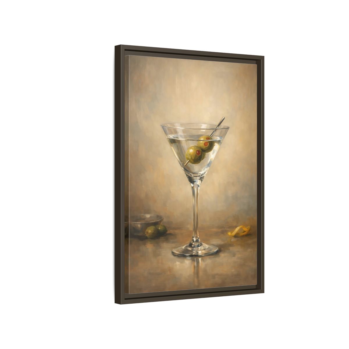 Side Mockup 2. Vintage Martini Cocktail Classic Olive Martini shown as stretched canvas wall art
