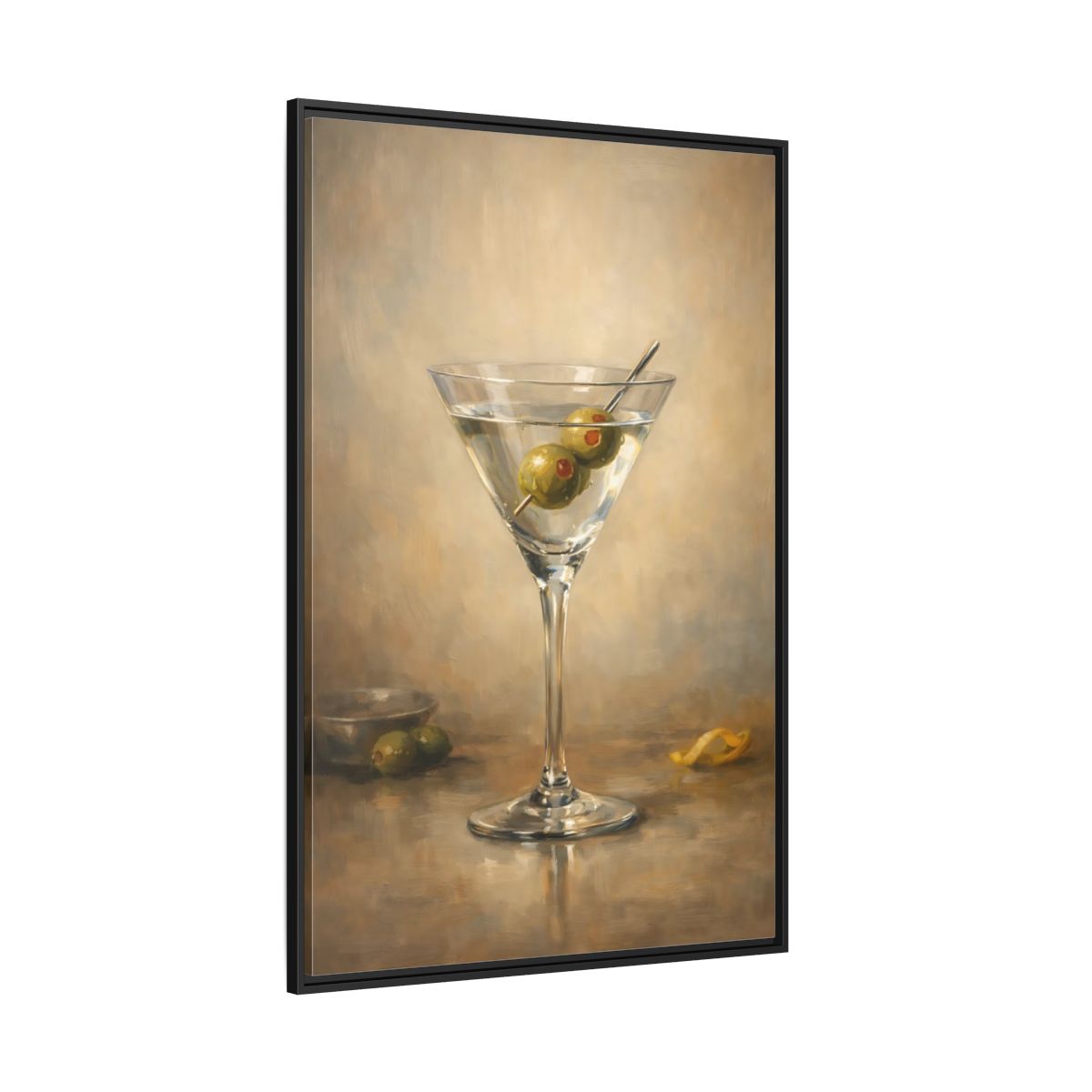 Main Mockup. Vintage Martini Cocktail Classic Olive Martini shown as stretched canvas wall art