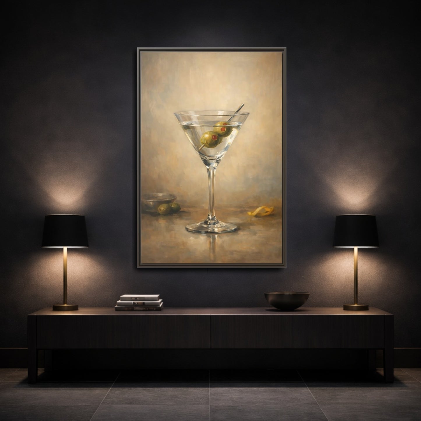 Mockup 2. Vintage Martini Cocktail Classic Olive Martini shown as stretched canvas wall art