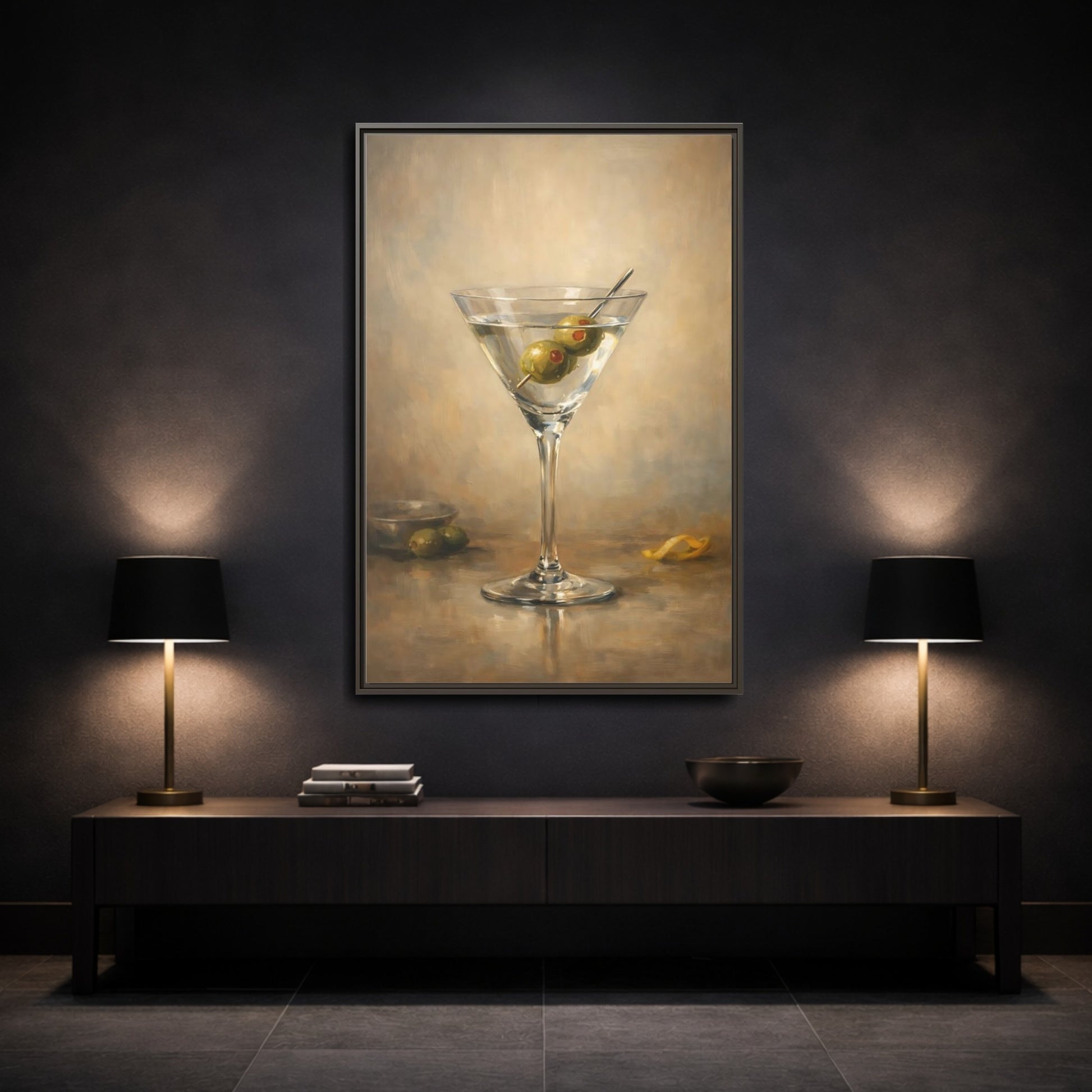 Mockup 2. Vintage Martini Cocktail Classic Olive Martini shown as stretched canvas wall art