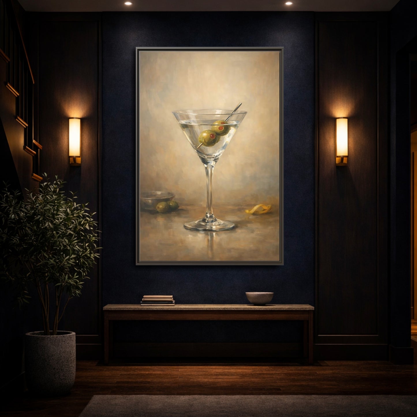 Mockup 3. Vintage Martini Cocktail Classic Olive Martini shown as stretched canvas wall art