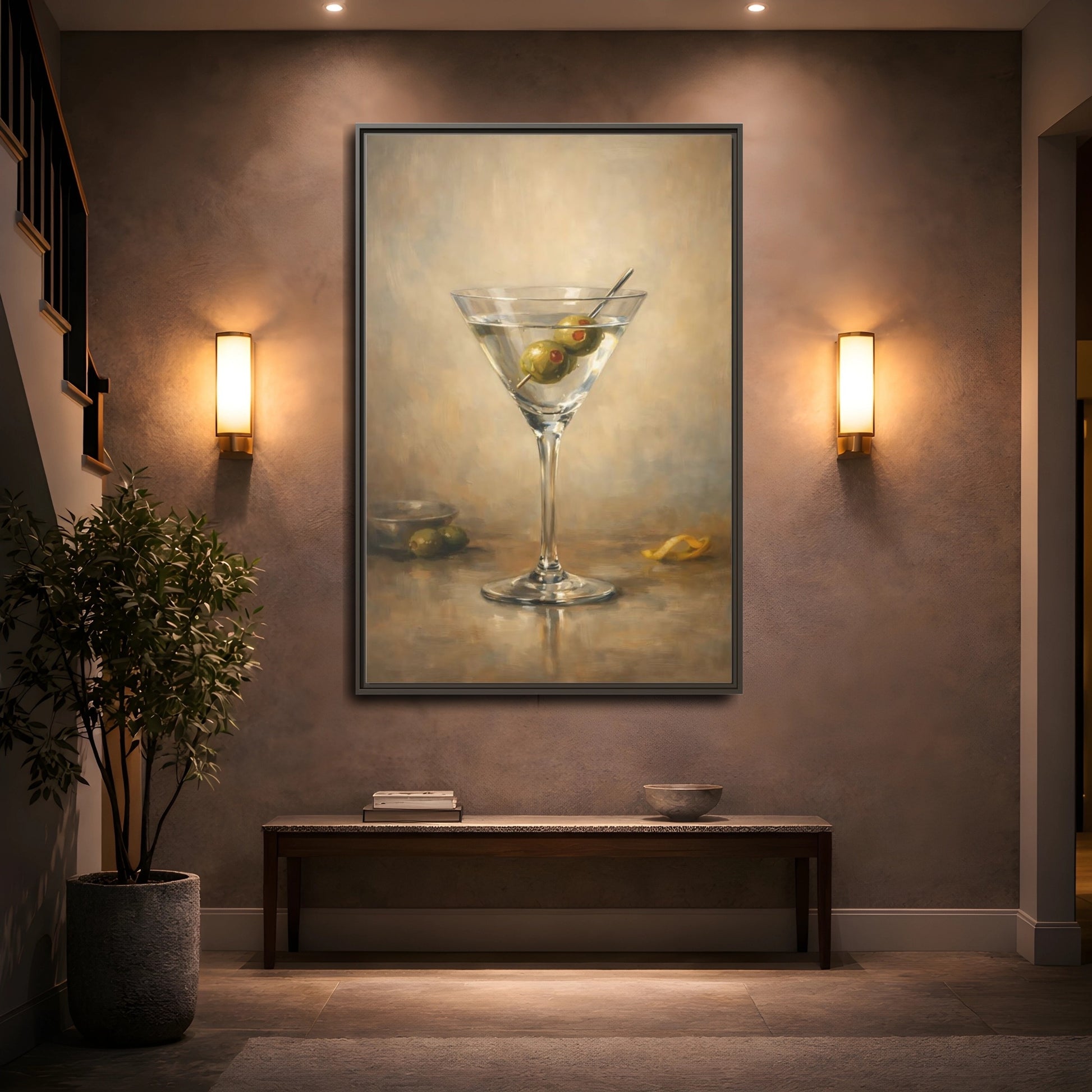 Mockup 4. Vintage Martini Cocktail Classic Olive Martini shown as stretched canvas wall art