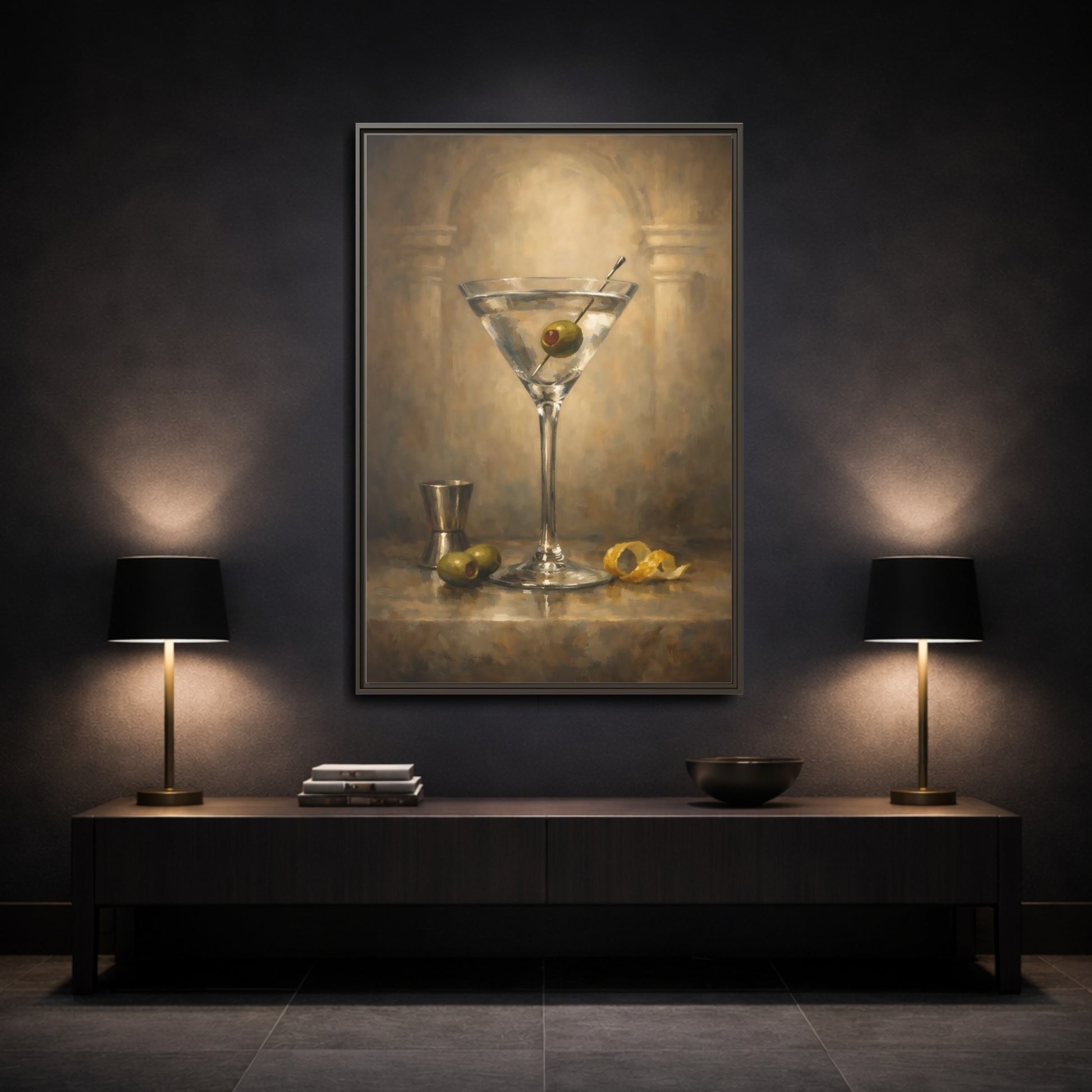 Mockup 2. Vintage Martini Cocktail Vintage Martini Art shown as stretched canvas wall art