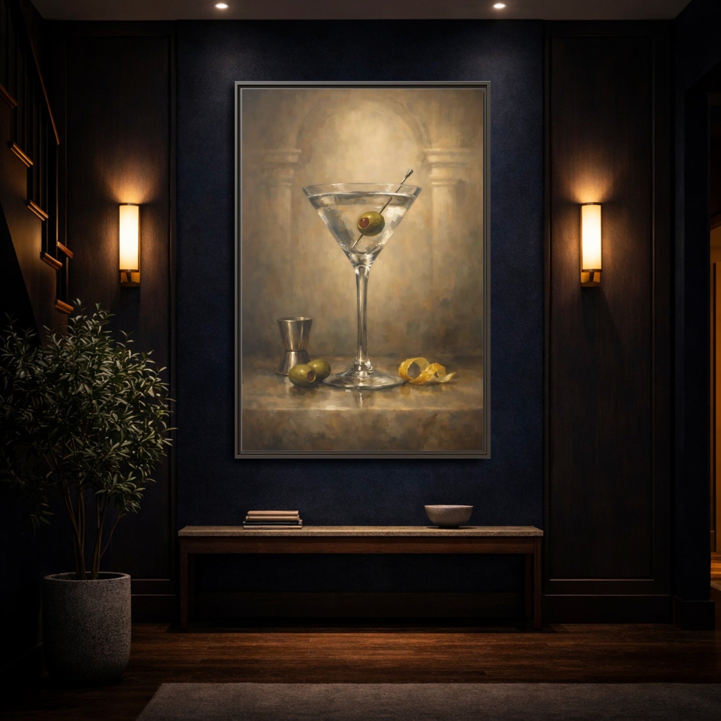 Mockup 3. Vintage Martini Cocktail Vintage Martini Art shown as stretched canvas wall art