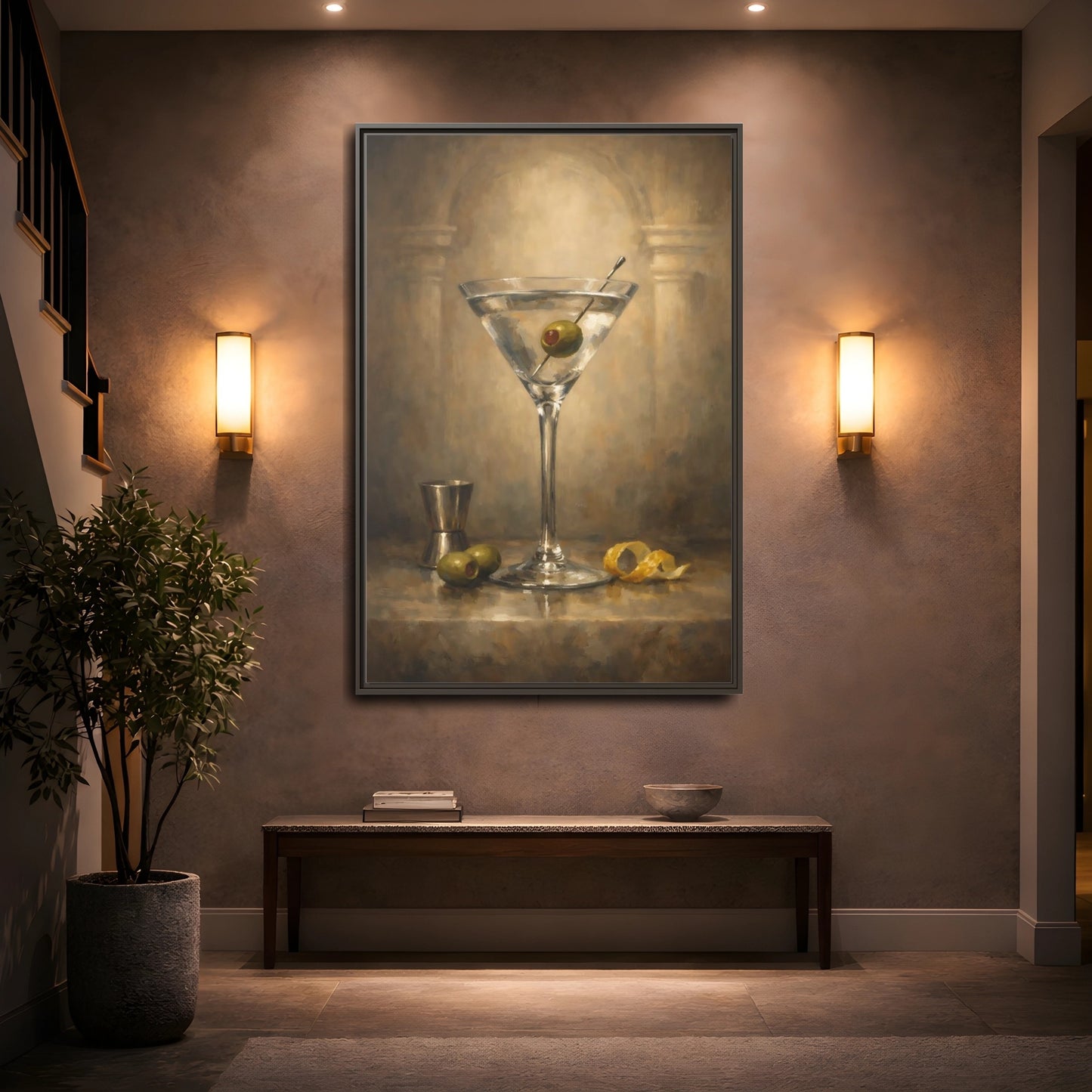 Mockup 4. Vintage Martini Cocktail Vintage Martini Art shown as stretched canvas wall art
