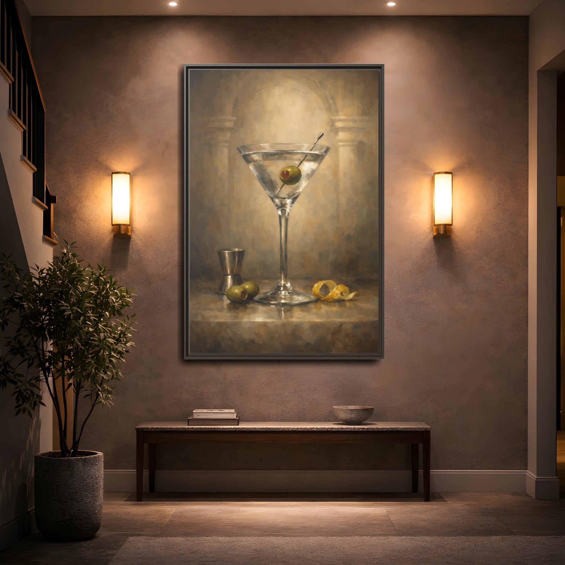 Mockup 4. Vintage Martini Cocktail Vintage Martini Art shown as stretched canvas wall art