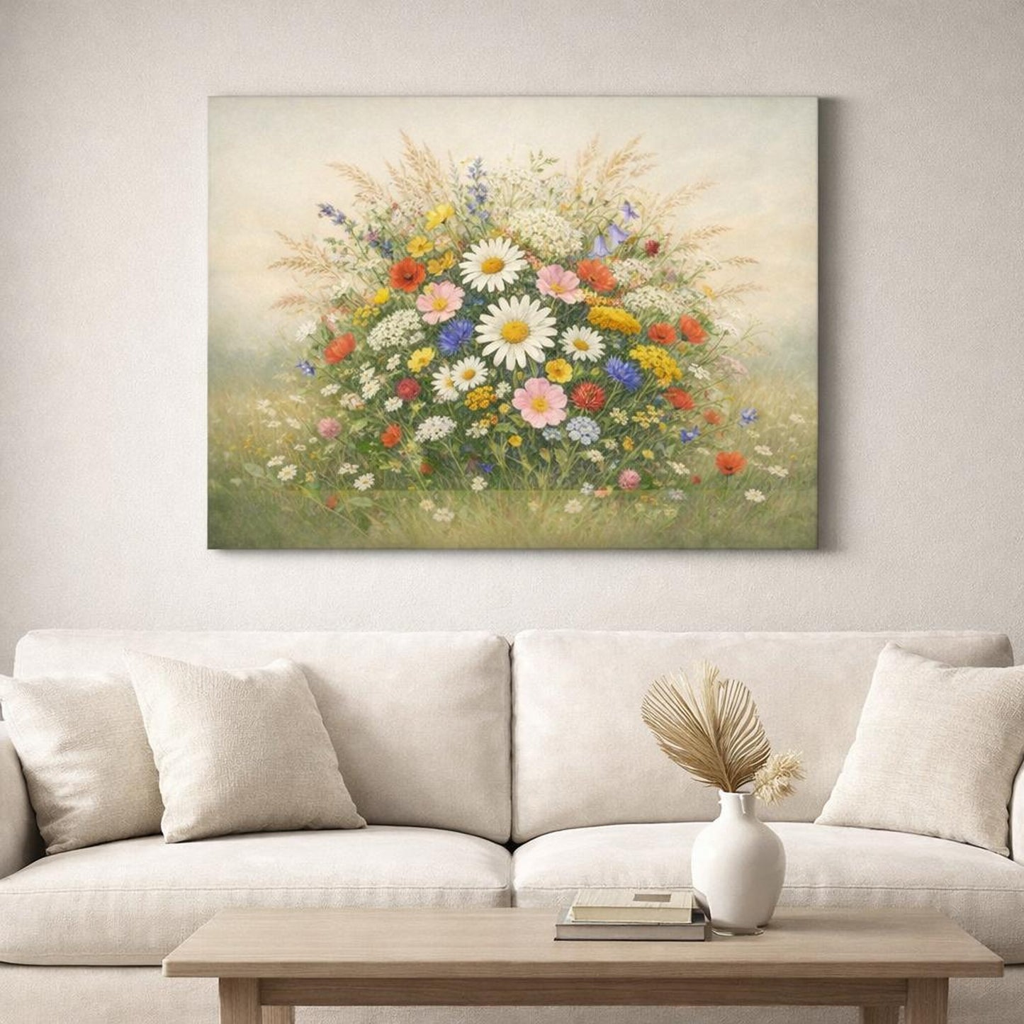 Vintage Meadow Flowers shown as canvas wall art in a refined dining room