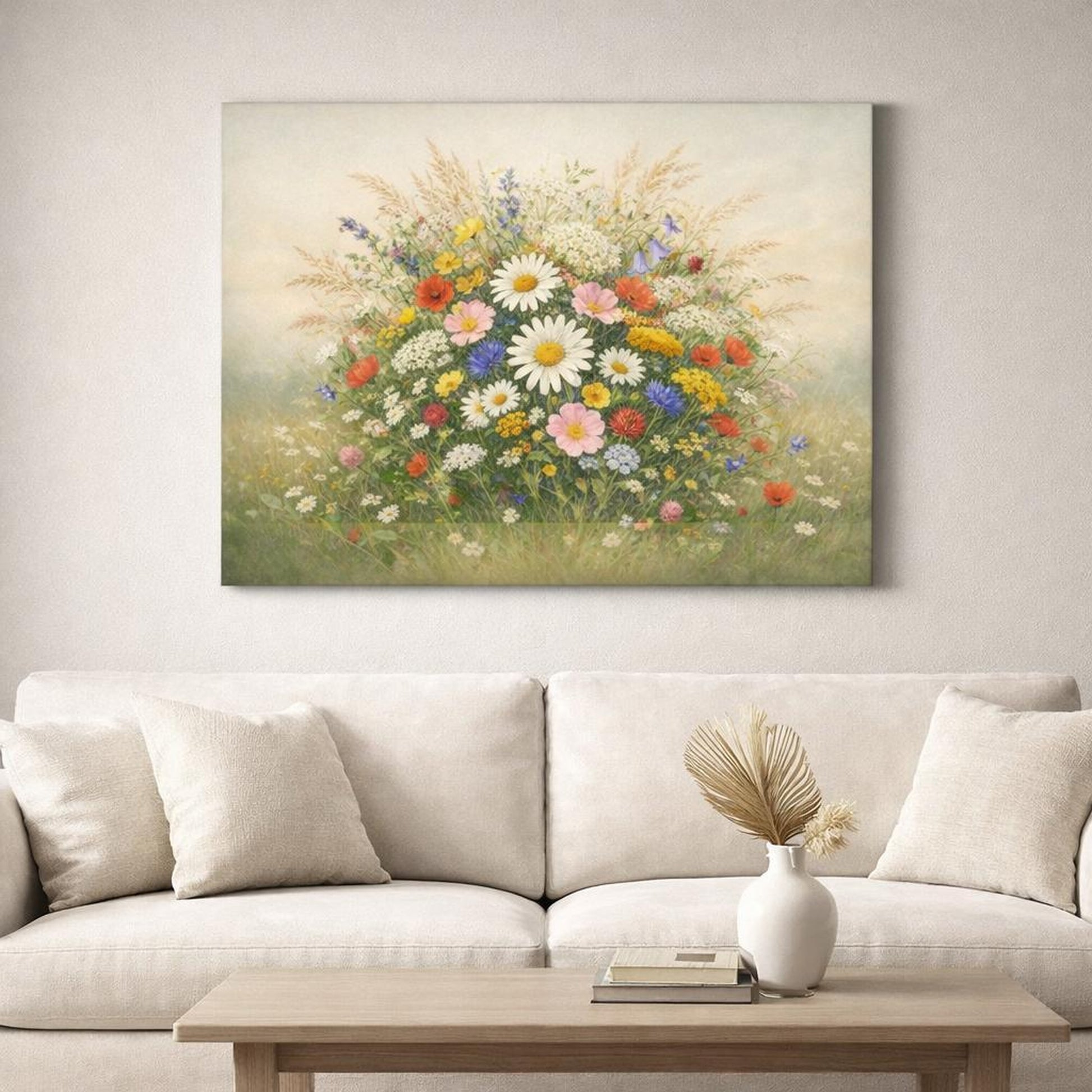 Vintage Meadow Flowers shown as canvas wall art in a refined dining room