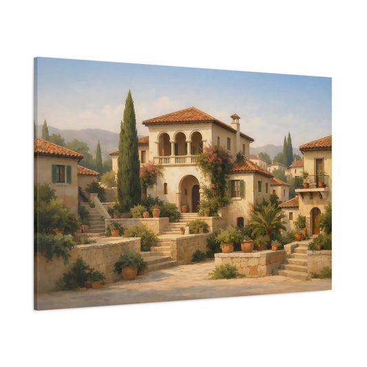 Vintage Mediterranean Houses shown as stretched canvas wall art