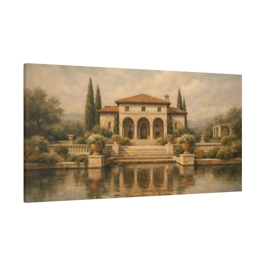 Main Mockup. Vintage Mediterranean Villa Tuscan Villa shown as stretched canvas wall art