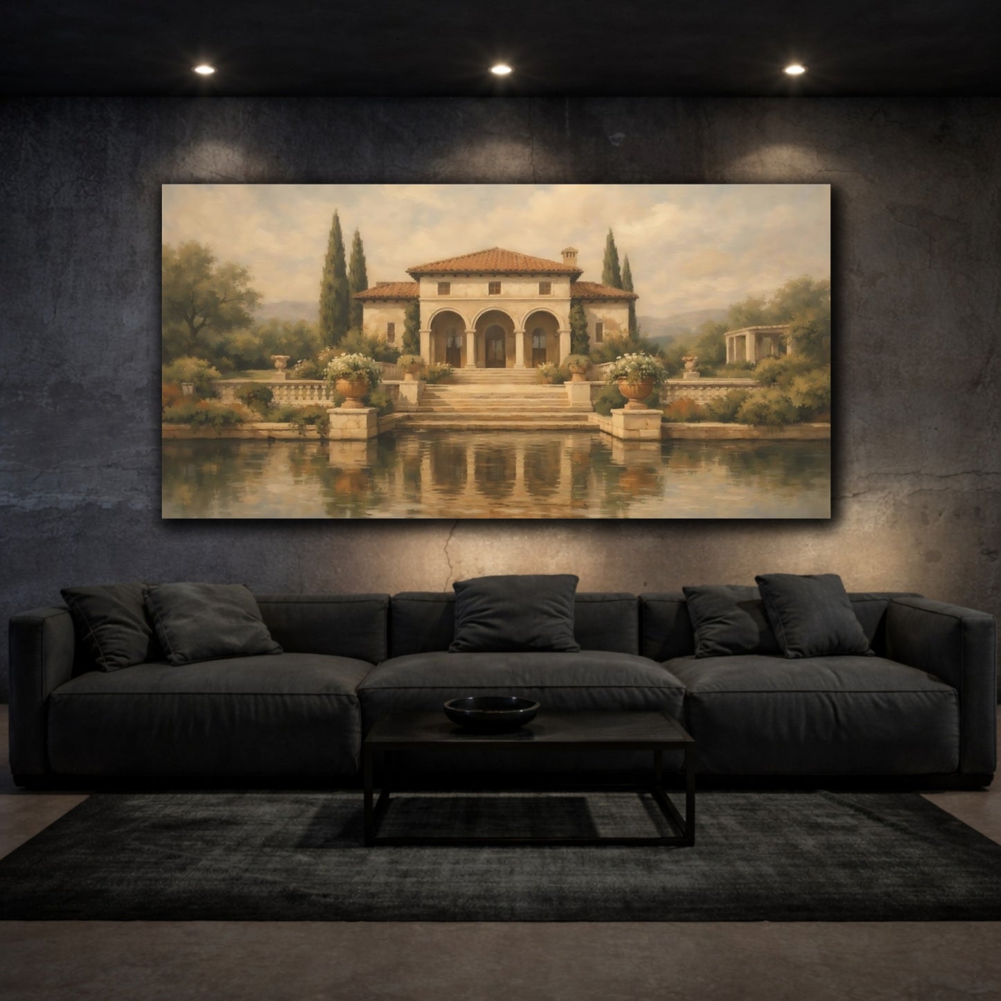 Mockup 2. Vintage Mediterranean Villa Tuscan Villa shown as stretched canvas wall art