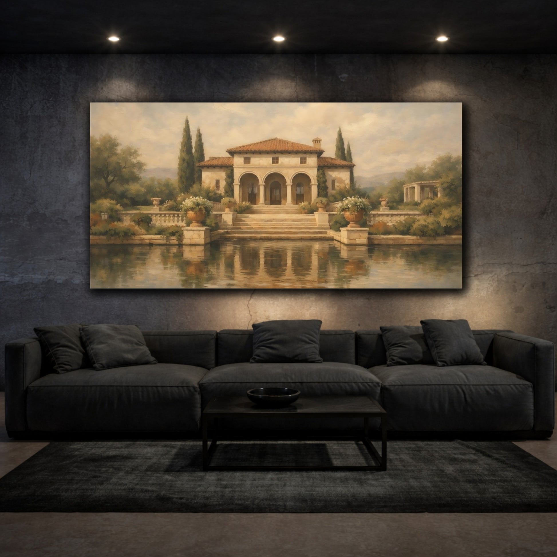 Mockup 2. Vintage Mediterranean Villa Tuscan Villa shown as stretched canvas wall art