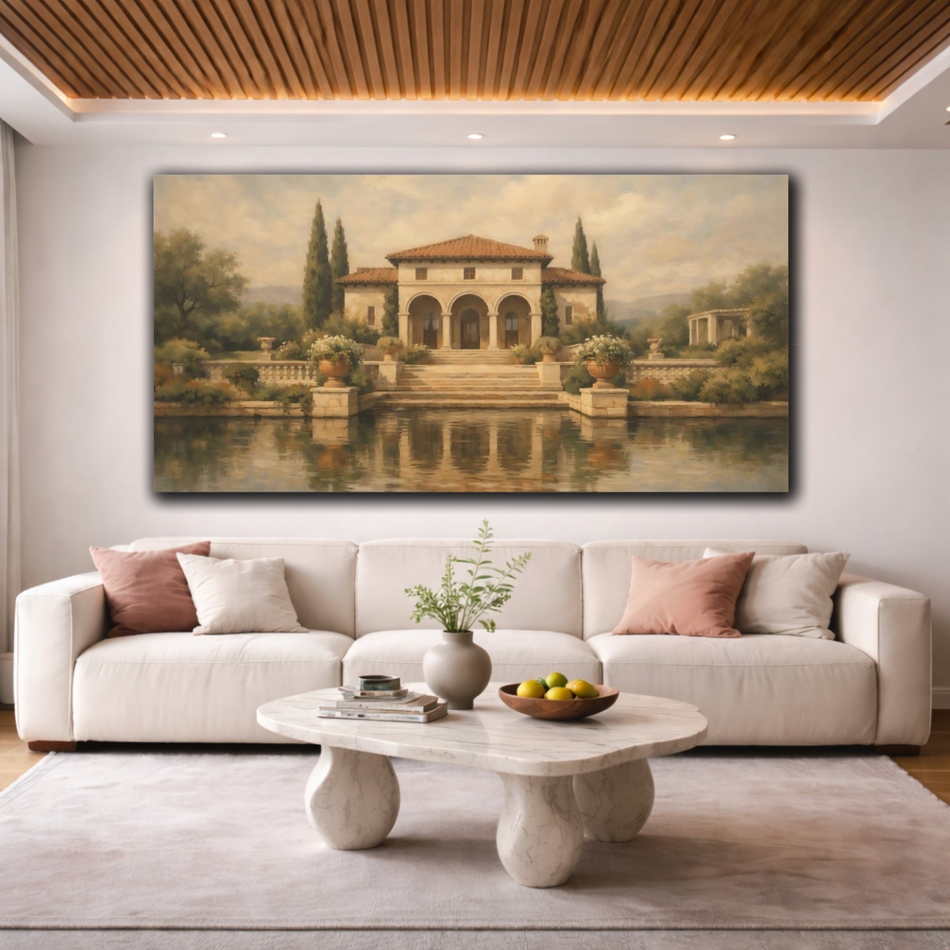 Mockup 3. Vintage Mediterranean Villa Tuscan Villa shown as stretched canvas wall art