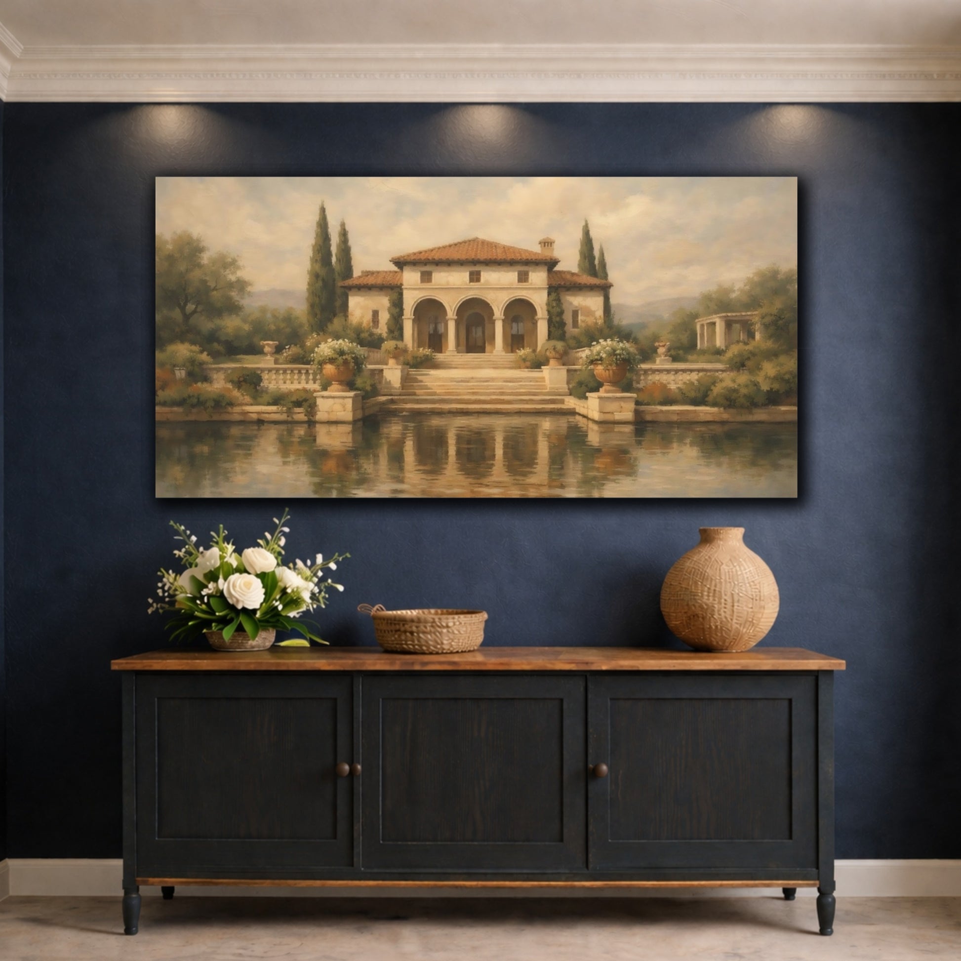 Mockup 4. Vintage Mediterranean Villa Tuscan Villa shown as stretched canvas wall art
