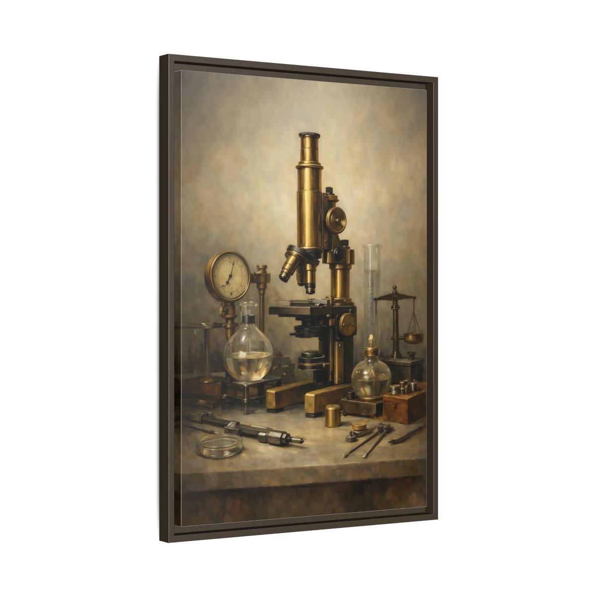 Vintage Microscope Brass And - Framed Canvas Wall Art Print - YesArtYes