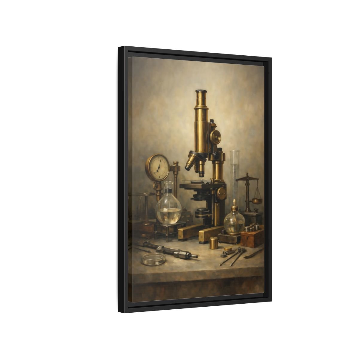 Vintage Microscope Brass And - Framed Canvas Wall Art Print - YesArtYes
