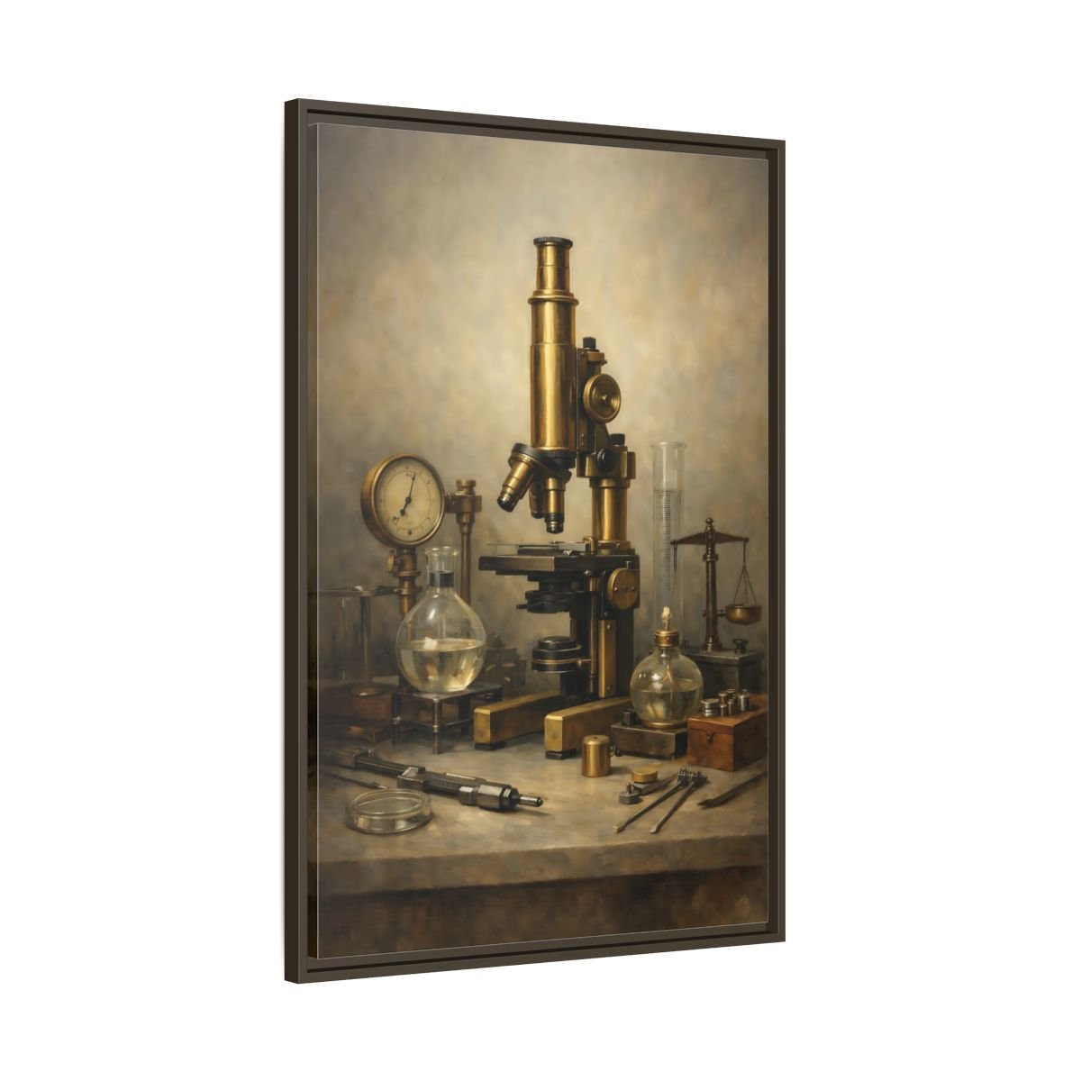 Vintage Microscope Brass And - Framed Canvas Wall Art Print - YesArtYes