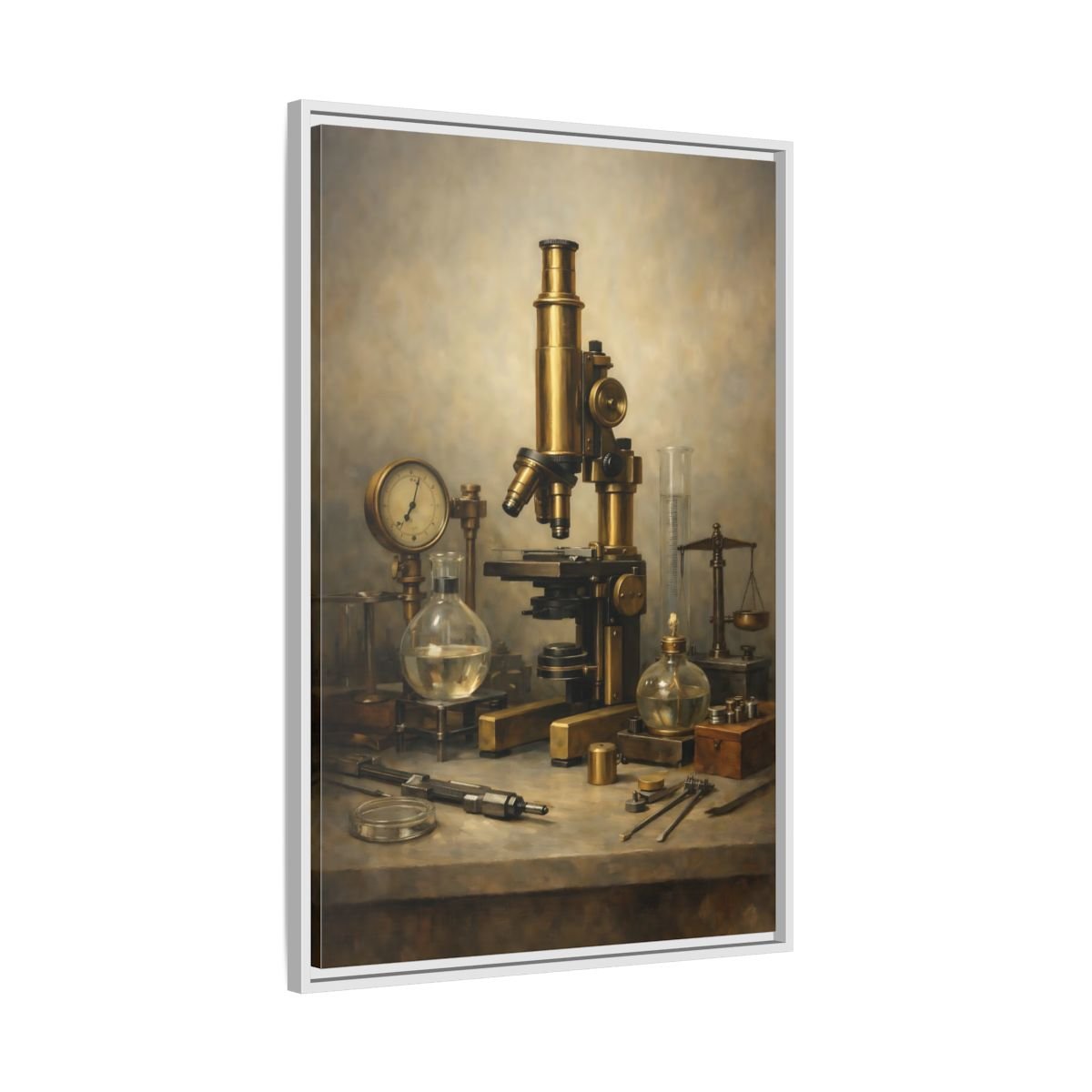 Vintage Microscope Brass And - Framed Canvas Wall Art Print - YesArtYes