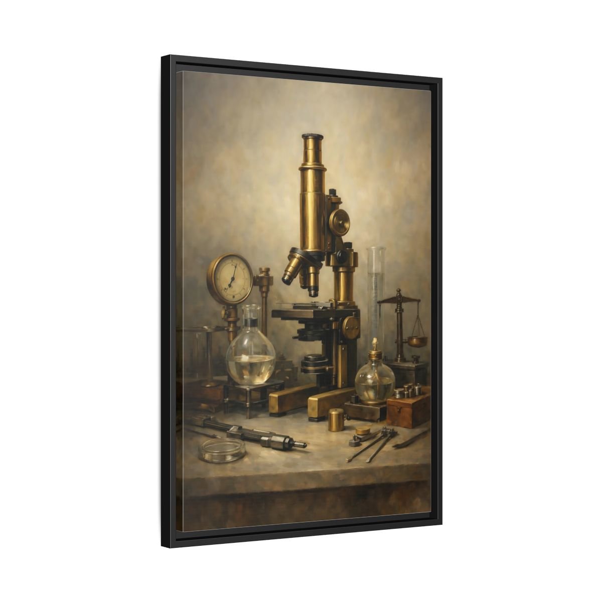 Vintage Microscope Brass And - Framed Canvas Wall Art Print - YesArtYes