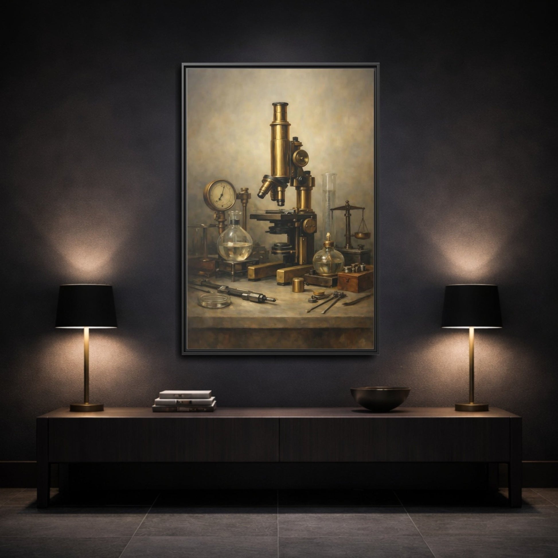 Vintage Microscope Brass And - Framed Canvas Wall Art Print - YesArtYes