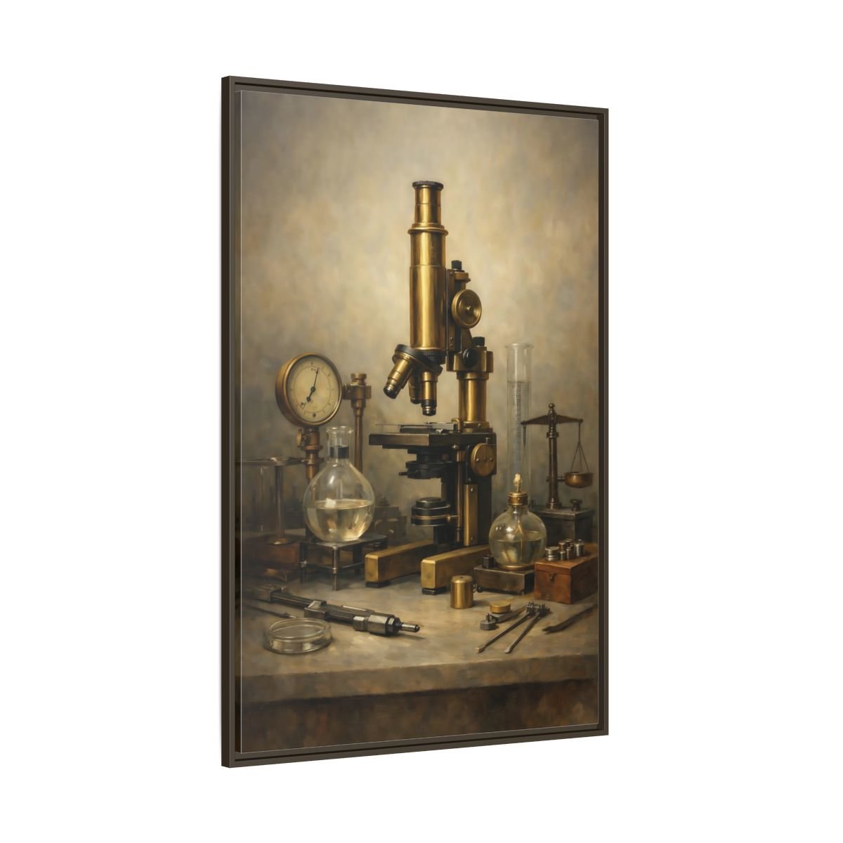 Vintage Microscope Brass And - Framed Canvas Wall Art Print - YesArtYes