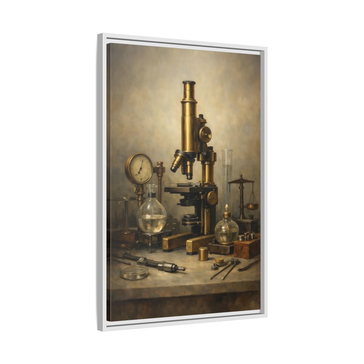 Vintage Microscope Brass And - Framed Canvas Wall Art Print - YesArtYes