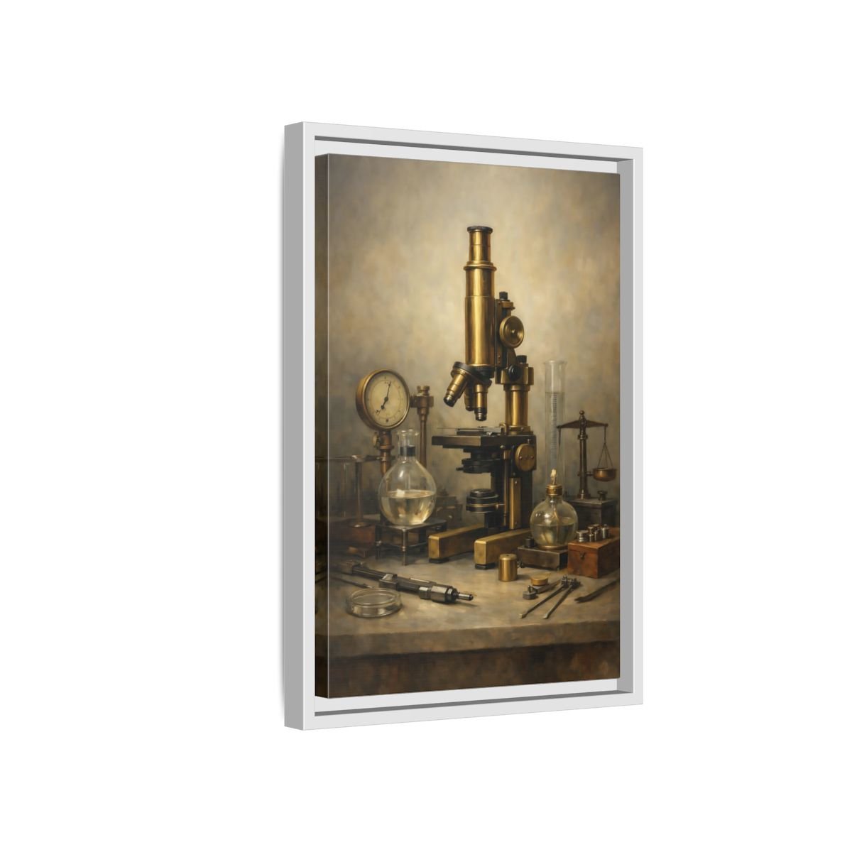Vintage Microscope Brass And - Framed Canvas Wall Art Print - YesArtYes