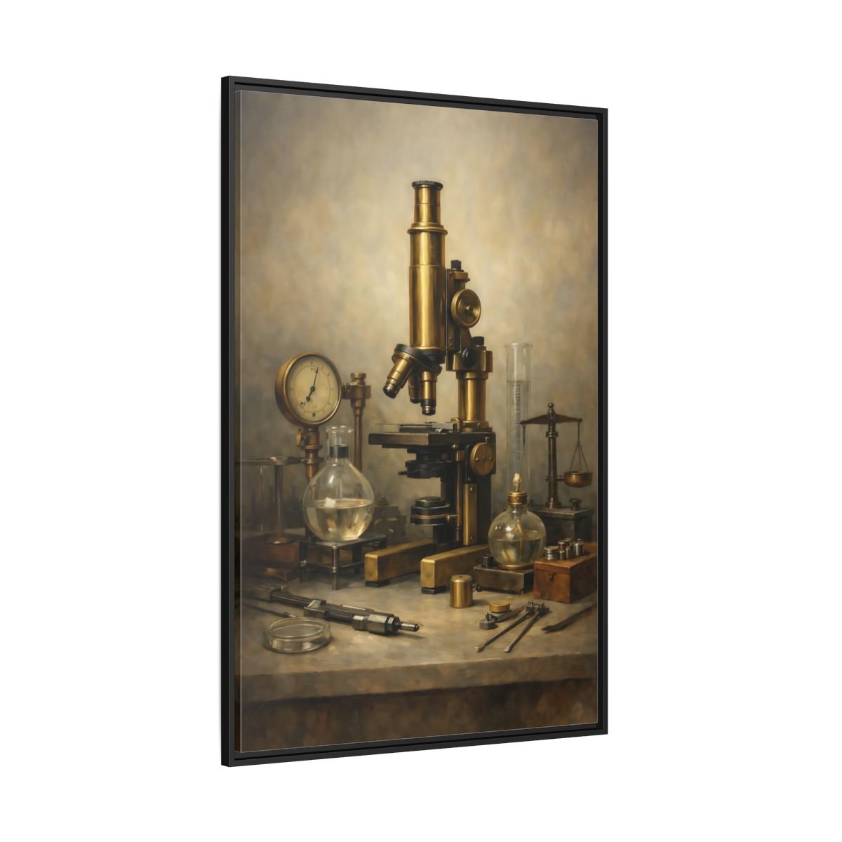 Vintage Microscope Brass And - Framed Canvas Wall Art Print - YesArtYes