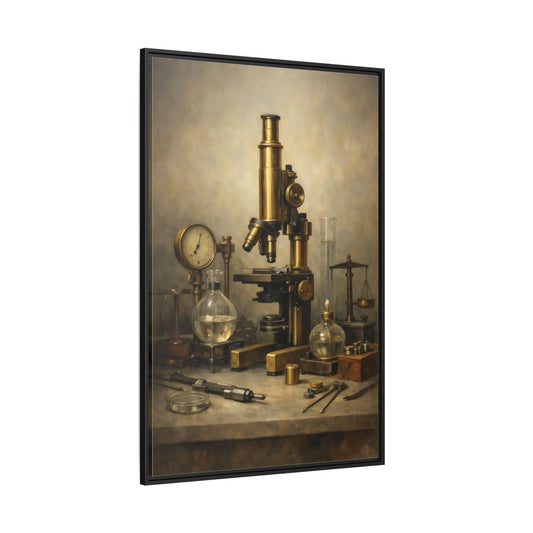 Vintage Microscope Brass And - Framed Canvas Wall Art Print - YesArtYes