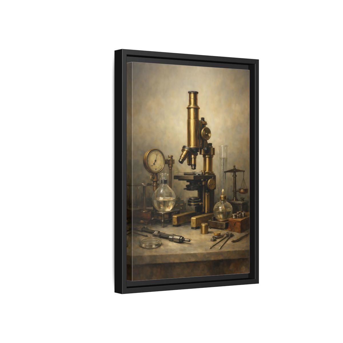 Vintage Microscope Brass And - Framed Canvas Wall Art Print - YesArtYes