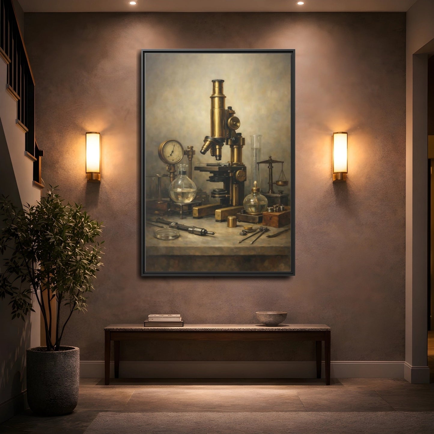 Vintage Microscope Brass And - Framed Canvas Wall Art Print - YesArtYes